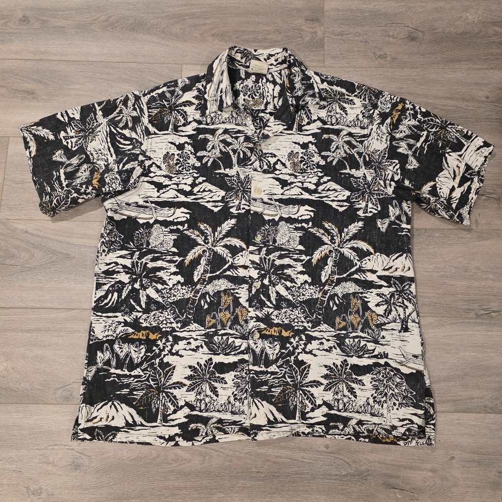 Vtg Go Barefoot Loop Collar Hawaiian‎ Shirt Mens XL Black White Floral Made USA